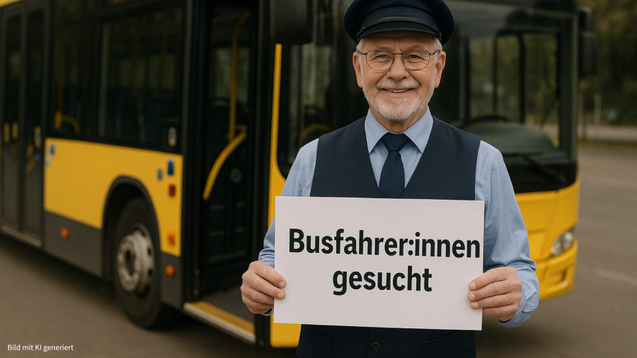 Ein älterer Busfahrer steht vor seinem Fahrzeug und hält ein Schild hoch 