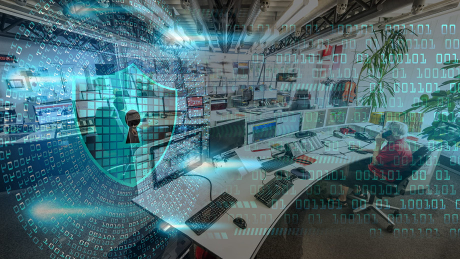 Visualisierung zum Thema IT-Sicherheit mit einer Leitstelle eines Verkehrsbetriebs.